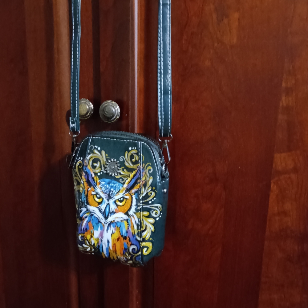 * HandPainted NWT Green OWL Crossbody Bag Purse Unique Colorful Bird GIFT CUSTOM